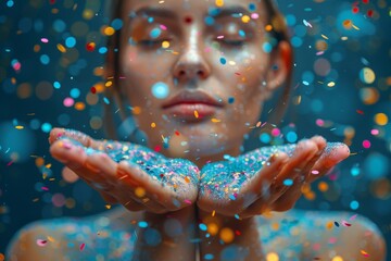 Poster - A person's hands blowing colorful confetti and glitter, capturing a moment of celebration and joy