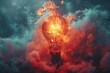 © DachAI - Surreal image of a lit lightbulb surrounded by fiery red smoke, symbolizing creation, ideas, and inspiration amidst chaos