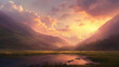 Tranquil Valley Sunset A serene scene of a valley at sunset with the last rays of sunlight painting the sky in shades of pink and orange casting a serene glow over the peaceful landscape.