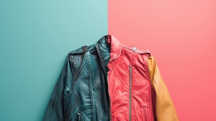 Three leather jackets hanging against dual-color background