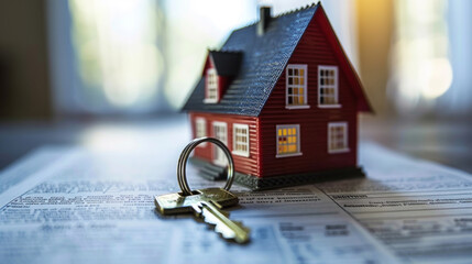 miniature model of a red house with keys on real estate documents, investments, banner, copy space