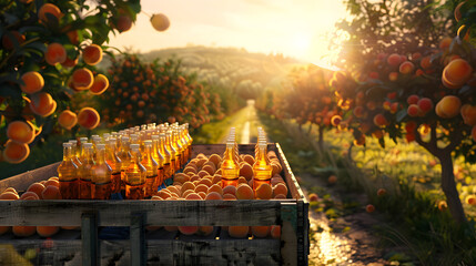 Wall Mural - Cargo truck carrying bottles with peach juice in an orchard with sunset. Concept of food and drink production, transportation, cargo and shipping.