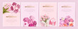 Mother's day poster, banner or greeting card set with hand drawn and realistic 3d bouquet of flowers and gift box on pink background. Vector illustration