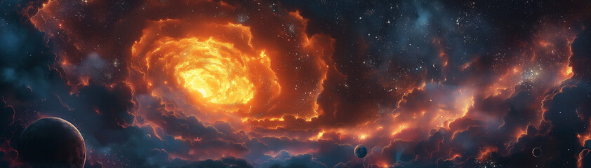 Wall Mural - multicolored panorama of outer space with stars, galaxies, constellations, planets and black hole in