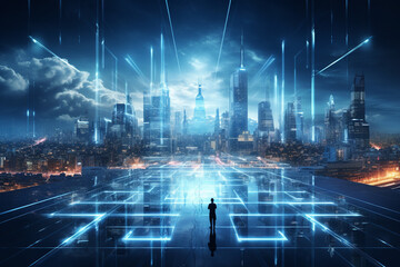 Poster - Contemporary City Panorama Wallpaper. Futuristic Superstructures Illuminated with Blue Light.