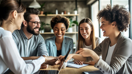 Wall Mural - Group of happy colleagues together in the office, happy cooperation with clients, business cooperation, work meeting, brainstorming