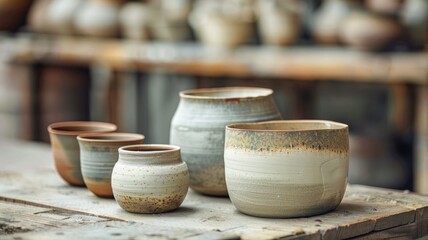 Assorted ceramic pots on wooden table with blurred pottery workshop background