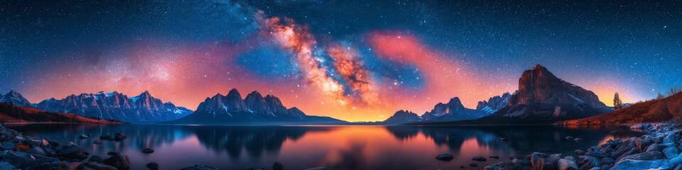 Wall Mural - landscape panorama night starry sky against colorful bright background of mountains and lakes