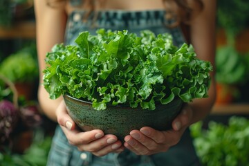 A person holds a large ceramic bowl filled with vibrant, fresh green lettuce, representing healthy eating