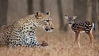 Helpless Mother Deer Watches as Baby Deer is in Custody of a Leopard on Mother’s Day with Copy Space