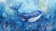 Artistic watercolor of a whimsical underwater scene with a friendly whale and tiny fish against a backdrop of deep blue sea and bubbles