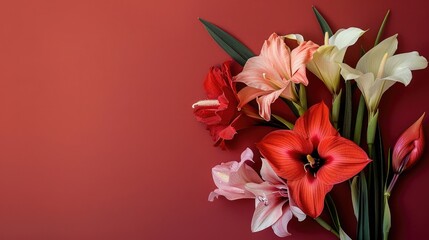 Wall Mural - gladiolus amaryllis anthuriums flowers on solid red background with copy space for text, backdrop mockup template design concept
