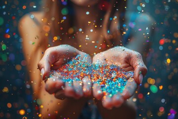 Poster - Woman's hands holding a cluster of bright, colorful glitter, sparkling with reflected light from surrounding festive bokeh
