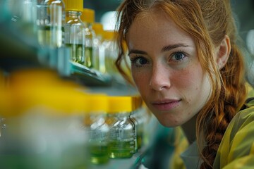 Poster - Engaged young scientist looks closely at yellow liquid samples in a research lab