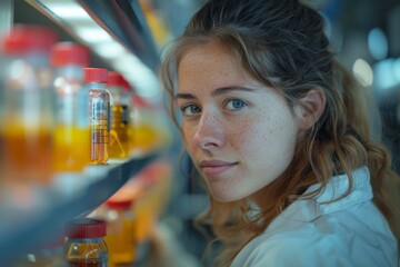 Poster - A focused female scientist examines test tubes in a laboratory environment