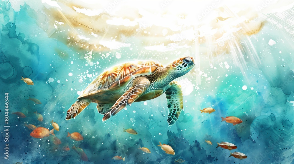 Dynamic watercolor showing a sea turtle diving into deep waters ...