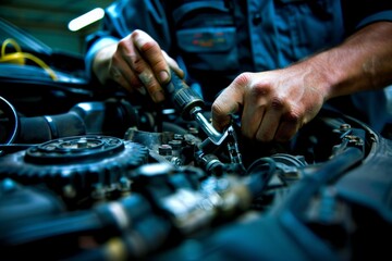 Canvas Print - Auto mechanic working under the hood of a car, Hands of mechanic using power tool on car engine, highlighting technical expertise in vehicle maintenance.