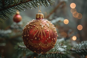 Poster - A gold Christmas bauble hangs from a fir tree branch covered in snow, giving a warm festive feel
