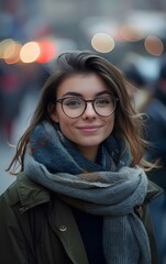 Wall Mural - a smiling young businesswoman, wearing glasses and dressed for the cold weather with a warm jacket and scarf, standing on a busy street with a blurred crowd background. generative AI