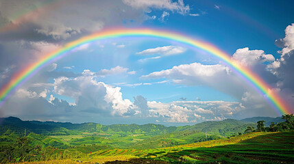  Rainbow A magnificent rainbow stretching across the sky after a summer rainstorm, with vivid bands of color arching gracefully over a picturesque countryside, representing beauty, diversity