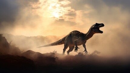 Wall Mural - dinosaur stands in prehistoric environment with a erupting volcano. photorealistic.