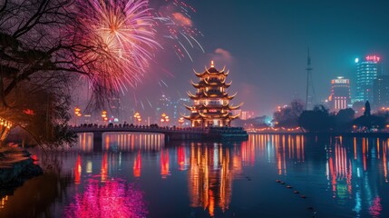 Wall Mural - Beautiful fireworks show in city over traditional building to celebrate Chinese lunar new year.