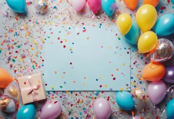 Wall Mural - 'colorful space. gift background confetti Birthday Top streamer. Holiday Created frame copy party balloon view. generative happy pink decoration present view'