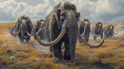 Wall Mural - a group of mammoth walking in grass land in ancient prehistoric enviroment.