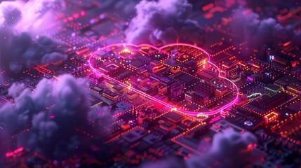 Wall Mural - circuit boards and servers in cloud shapes, with a color palette of purple and pink