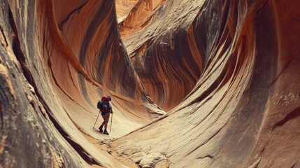 Wall Mural - A hiker hiking in rugged land with majestic view.