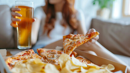 Close up photo of an cute woman eating pizza and drinking beer in her living room.