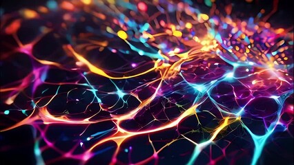 Animated abstract background glowing colorful neuron cels.
