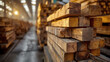 Stack of wooden timber in the sawmill or warehouse. Wood processing plant