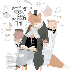 Wall Mural - Cute Fox reading Book with Little Boy and Girl. Vector Illustration