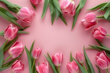 Wall Mural - Pink tulips lined on pink background creating a border. Flat lay composition with copy space. Spring and Valentine's Day concept. Design for greeting card, invitation, poster.
