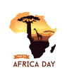 World Africa Day Illustration with Africa map and silhouette giraffe on sunset