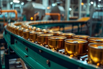Golden cans on a conveyor belt in a modern factory, depicting the canning process with blur motion.