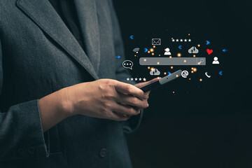 Poster - Businessmen are using their mobile phones to search for information on the internet from online websites. SEO. Searching for information on the phone. Data storage.