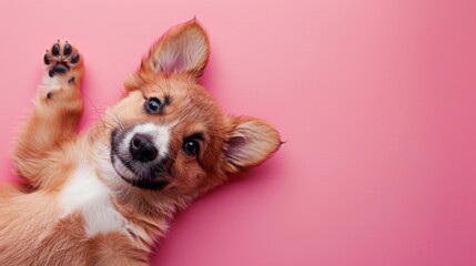 Top view of cute dog lying on plain background.