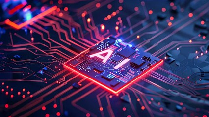 Poster - Abstract futuristic AI chip on a circuit board background, high tech and artificial intelligence concept