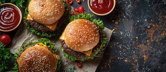 Wall Mural - Three Hamburgers With Ketchup on a Table
