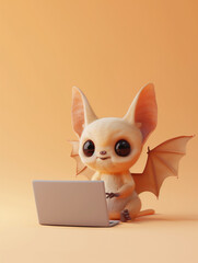 Wall Mural - A Cute 3D Bat Using a Laptop Computer in a Solid Color Background Room