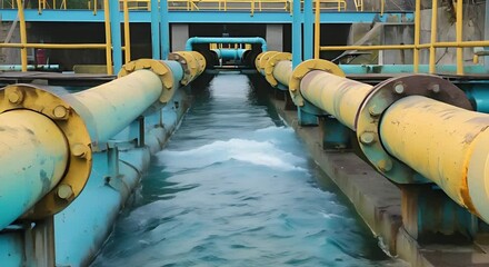 Wall Mural - Industrial pipes discharge wastewater into treatment plant for processing and disposal . Concept Water Treatment Plant, Industrial Wastewater, Environmental Conservation, Sustainable Practices