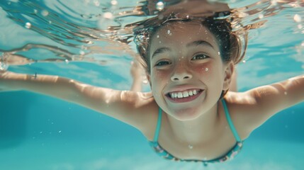 Wall Mural - Underwater portrait of happy child in swimming pool.
