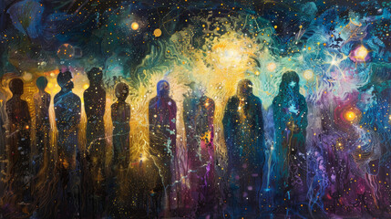 Wall Mural - an abstract representation of human figures woven into a tapestry of the cosmos, with each thread re