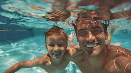 Wall Mural - Underwater portrait of happy dad and child in swimming pool.
