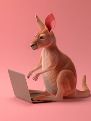 Wall Mural - A Cute 3D Kangaroo Using a Laptop Computer in a Solid Color Background Room