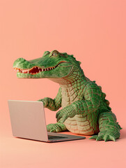 Poster - A Cute 3D Alligator Using a Laptop Computer in a Solid Color Background Room