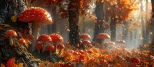 Dense Forest With Red Mushrooms