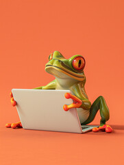 Wall Mural - A Cute 3D Frog Using a Laptop Computer in a Solid Color Background Room